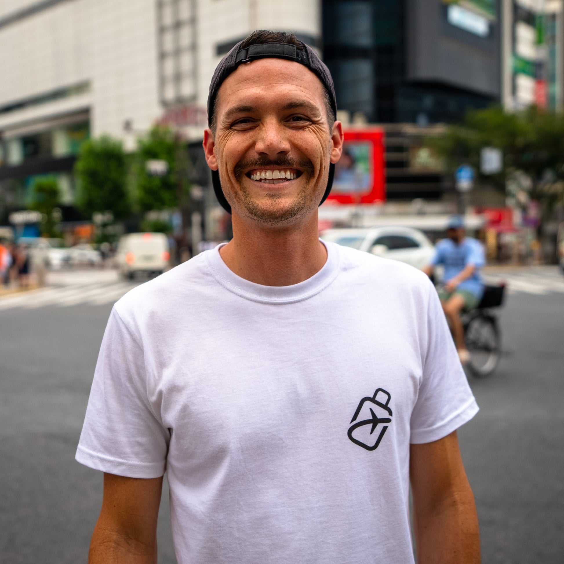 Nate wearing a white Airport Diagram T-Shirt